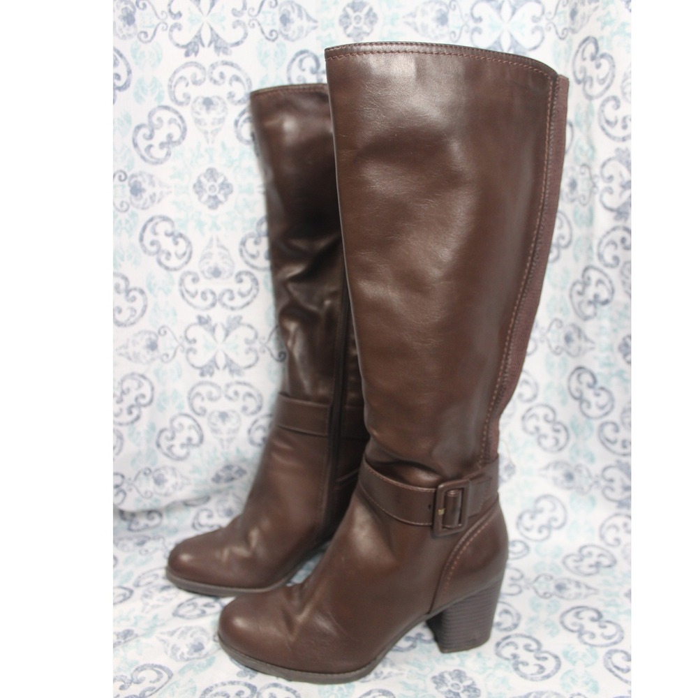 Soul Naturalizer Twinkle Brown Leather‎ Tall Boots Side Zip Buckle Heel 8.5W